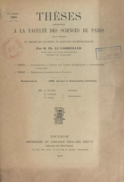 Contribution à l'étude des formes quadratiques à indéterminées conjuguées - Ph. Le Corbeiller - FeniXX réédition numérique