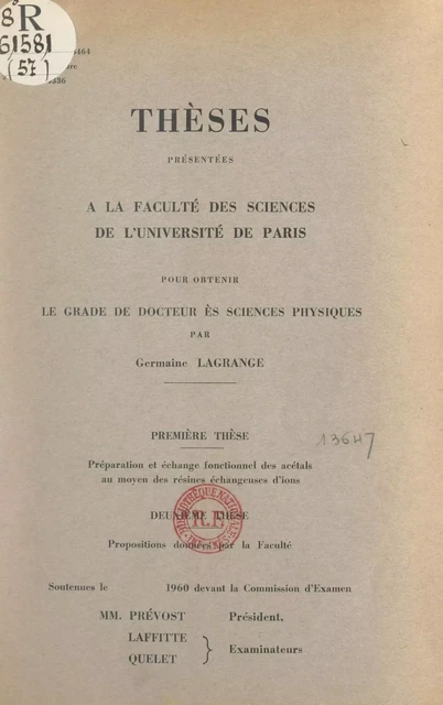 Préparation et échange fonctionnel des acétals au moyen des résines échangeuses d'ions - Germaine Lagrange - FeniXX réédition numérique