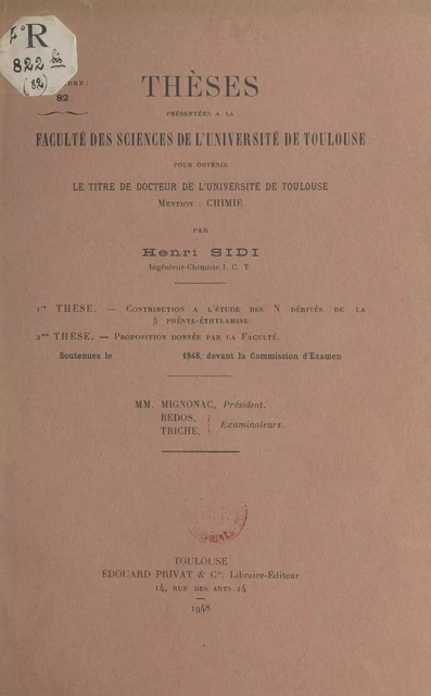 Contribution à l'étude des N dérive de la β phényl-éthylamine - Henri Sidi - FeniXX réédition numérique