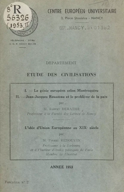 Le génie européen selon Montesquieu - Robert Derathé, Pierre Renouvin - FeniXX réédition numérique