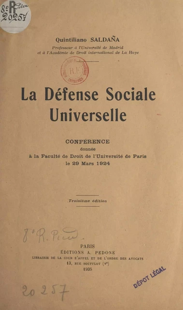 La défense sociale universelle - Quintiliano Saldaña - FeniXX réédition numérique