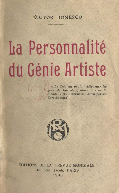 La personnalité du génie artiste - Victor Jonesco - FeniXX réédition numérique