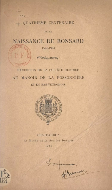 Quatrième centenaire de la naissance de Ronsard, 1524-1924 - Jeanne Hayes - FeniXX réédition numérique