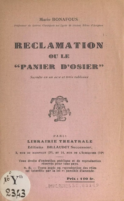 Réclamation ou Le panier d'osier - Marie Bonafous - FeniXX réédition numérique