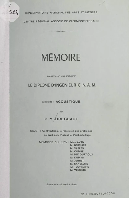 Contribution à la résolution des problèmes de bruit dans l'industrie d'embouteillage - Pierre-Yves Bregeaut - FeniXX réédition numérique