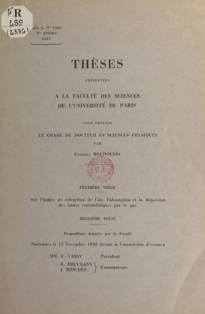 Sur l'indice de réfraction de l'air, l'absorption et la dispersion des ondes centimétriques par le gaz - Georges Boudouris - FeniXX réédition numérique