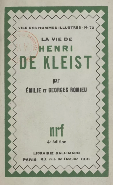 La vie de Henri de Kleist - Émilie Romieu, Georges Romieu - Gallimard (réédition numérique FeniXX)