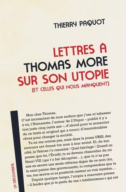 Lettres à Thomas More sur son utopie (et celles qui nous manquent) - Thierry Paquot - La Découverte