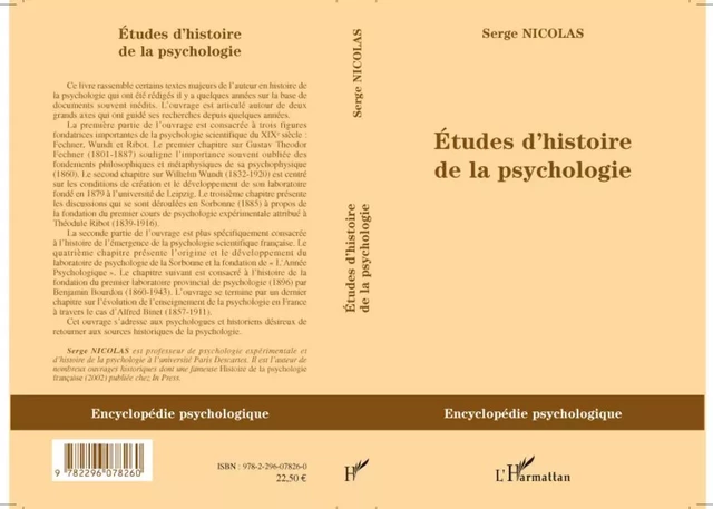 Etudes d'histoire de la psychologie - Serge Nicolas - Editions L'Harmattan