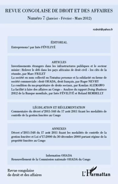 Revue congolaise de droit et des affaires - Inès Féviliyé - Editions L'Harmattan