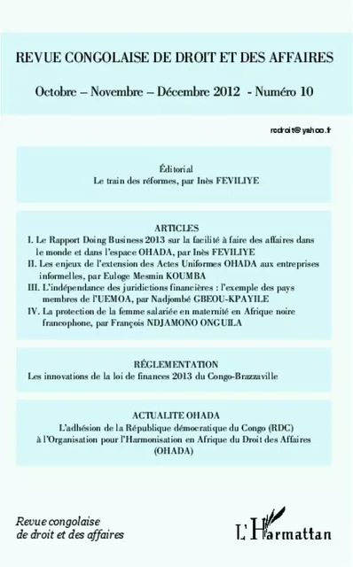 Revue congolaise de droit et des affaires - Inès Féviliyé - Editions L'Harmattan