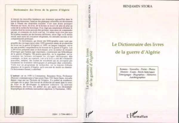 Le dictionnaire des livres de la guerre d'Algérie - Benjamin Stora - Editions L'Harmattan