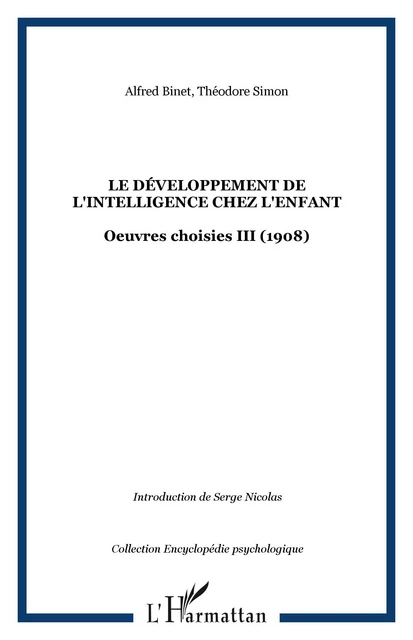 Le développement de l'intelligence chez l'enfant - Théodore Simon, Alfred Binet - Editions L'Harmattan