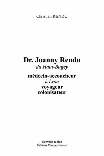 Dr Joanny Rendu du Haut-Buget -  - Editions Campus Ouvert