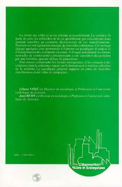 La ville : vers une nouvelle définition ? - Jean Rémy - Editions L'Harmattan