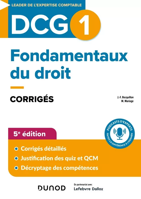 DCG 1 - Fondamentaux du droit - Corrigés - 5e éd. - Jean-François Bocquillon, Martine Mariage - Dunod