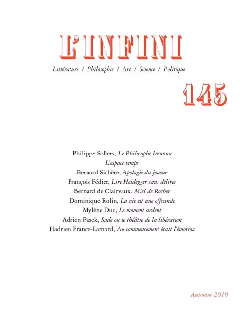 L'Infini N° 145 -  Collectifs - Editions Gallimard