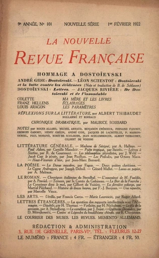 La Nouvelle Revue Française N' 101 (Février 1922) - André Gide - Editions Gallimard - Revues NRF