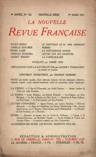 La Nouvelle Revue Française N' 102 (Mars 1922) - André Gide - Editions Gallimard - Revues NRF