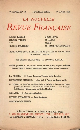 La Nouvelle Revue Française N' 103 (Avril 1922) -  Collectifs - Editions Gallimard - Revues NRF