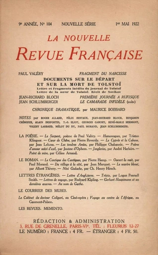 La Nouvelle Revue Française N' 104 (Mai 1922) - André Gide - Editions Gallimard - Revues NRF