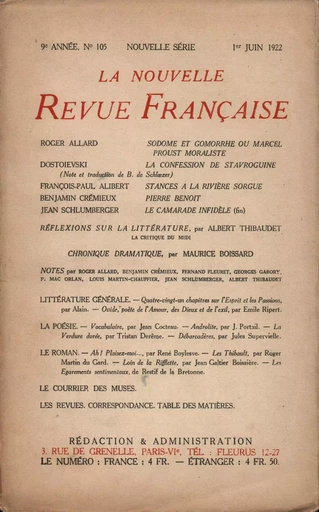 La Nouvelle Revue Française N' 105 (Juin 1922) -  Collectifs - Editions Gallimard - Revues NRF