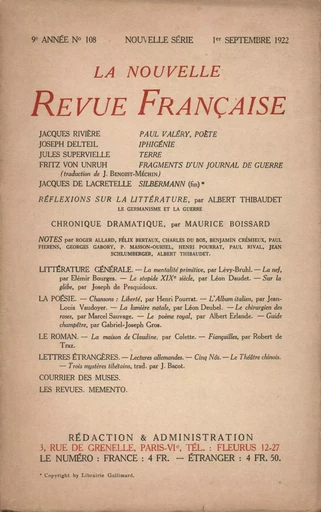 La Nouvelle Revue Française N' 108 (Septembre 1922) -  Collectifs - Editions Gallimard - Revues NRF