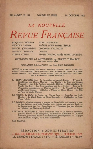 La Nouvelle Revue Française N' 109 (Octobre 1922) -  Collectifs - Editions Gallimard - Revues NRF