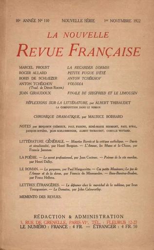 La Nouvelle Revue Française N' 110 (Novembre 1922) - André Gide - Editions Gallimard - Revues NRF