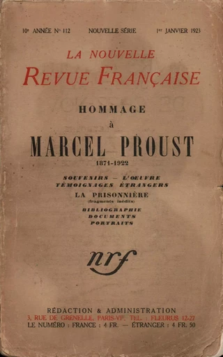 Hommage ŕ Marcel Proust (1871-1922) N' 112 (Janvier 1923) - André Gide - Editions Gallimard - Revues NRF