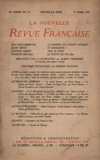 La Nouvelle Revue Française N' 114 (Mars 1923) -  Collectifs - Editions Gallimard - Revues NRF