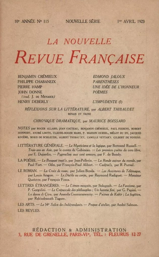 La Nouvelle Revue Française N' 115 (Avril 1923) -  Collectifs - Editions Gallimard - Revues NRF