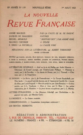 La Nouvelle Revue Française N' 119 (Aoűt 1923) -  Collectifs - Editions Gallimard - Revues NRF