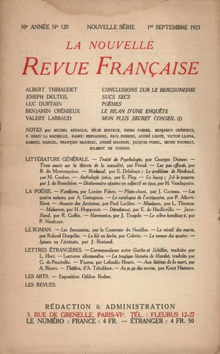 La Nouvelle Revue Française N' 120 (Septembre 1923) -  Collectifs - Editions Gallimard - Revues NRF