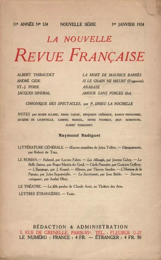 La Nouvelle Revue Française N' 124 (Janvier 1924) - André Gide - Editions Gallimard - Revues NRF