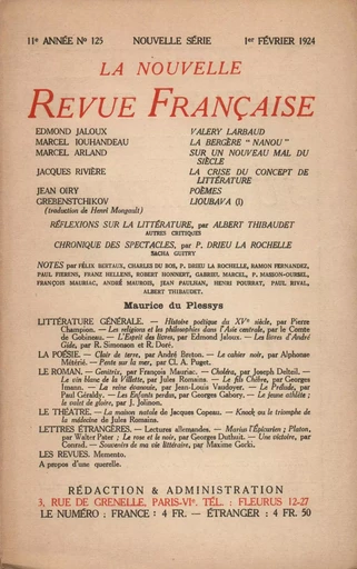 La Nouvelle Revue Française N' 125 (Février 1924) -  Collectifs - Editions Gallimard - Revues NRF