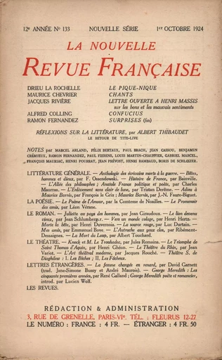 La Nouvelle Revue Française N' 133 (Octobre 1924) -  Collectifs - Editions Gallimard - Revues NRF