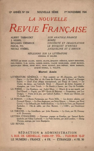 La Nouvelle Revue Française N' 134 (Novembre 1924) -  Collectifs - Editions Gallimard - Revues NRF