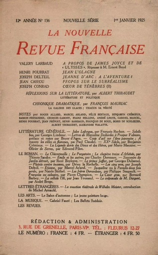 La Nouvelle Revue Française N' 136 (Janvier 1925) -  Collectifs - Editions Gallimard - Revues NRF