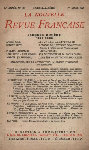 La Nouvelle Revue Française N' 138 (Mars 1925) - André Gide - Editions Gallimard - Revues NRF