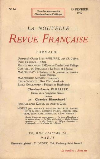 Charles-Louis Philippe N' 14 (Février 1910) -  Collectifs - Editions Gallimard - Revues NRF