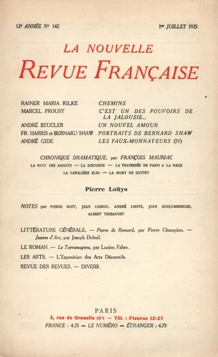 La Nouvelle Revue Française N' 142 (Juillet 1925) -  Collectifs - Editions Gallimard - Revues NRF