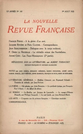 La Nouvelle Revue Française N' 143 (Aoűt 1925) -  Collectifs - Editions Gallimard - Revues NRF