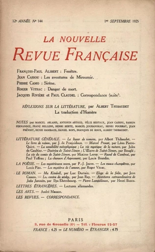 La Nouvelle Revue Française N' 144 (Septembre 1925) -  Collectifs - Editions Gallimard - Revues NRF