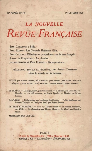 La Nouvelle Revue Française N' 145 (Octobre 1925) -  Collectifs - Editions Gallimard - Revues NRF