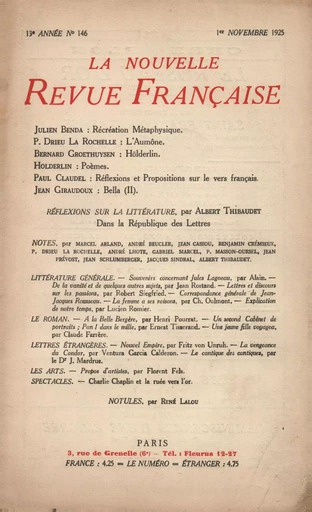 La Nouvelle Revue Française N' 146 (Novembre 1925) - André Gide - Editions Gallimard - Revues NRF