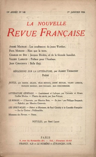 La Nouvelle Revue Française N' 148 (Janvier 1926) - André Gide - Editions Gallimard - Revues NRF