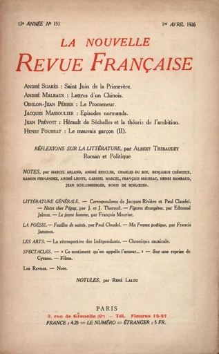 La Nouvelle Revue Française N' 151 (Avril 1926) -  Collectifs - Editions Gallimard - Revues NRF