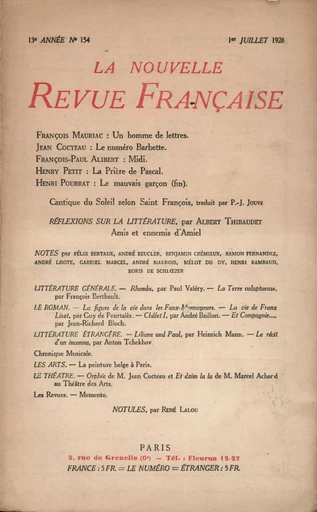 La Nouvelle Revue Française N' 154 (Juillet 1926) -  Collectifs - Editions Gallimard - Revues NRF