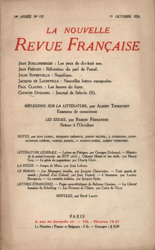 La Nouvelle Revue Française N' 157 (Octobre 1926) -  Collectifs - Editions Gallimard - Revues NRF